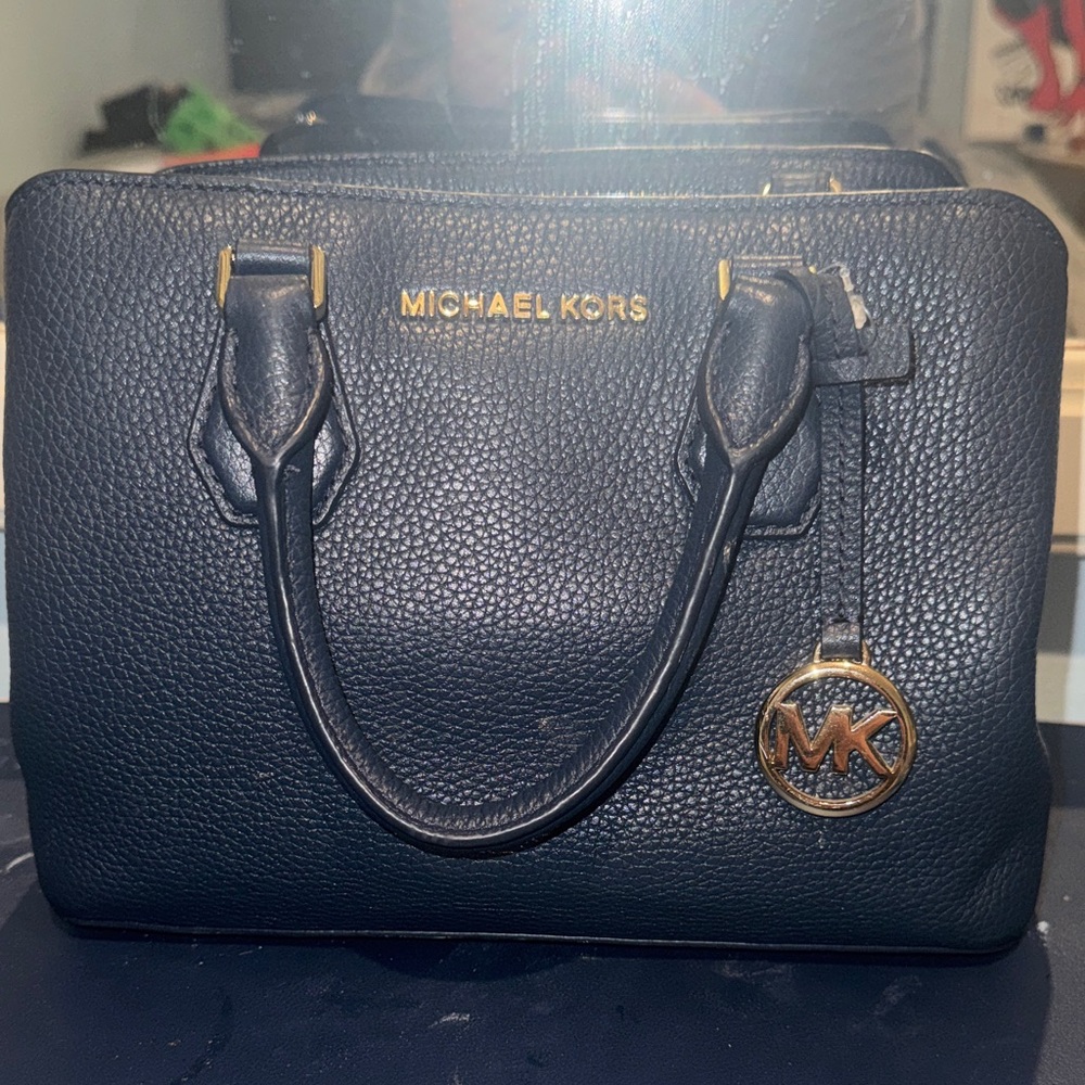 Michael Kors Navy Pebbled Leather Satchel with Gold Hardware